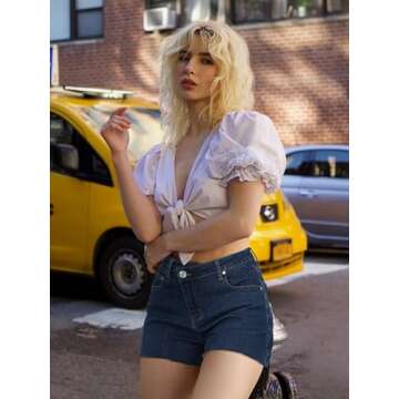 Genleck Women's Juniors Criss Crossover Jean Shorts High Waisted Stretchy Denim Shorts Casual Summer Hot Shorts(Deep Blue, M)