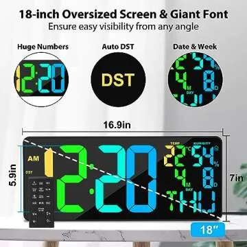 [Oversized] 18" Digital Wall Clock Large Display, 11 RGB Color Changing Large Digital Wall Clock with Remote, Date, DST, Temperature, Auto Brightness Digital Alarm Clock for All Large Spaces Use