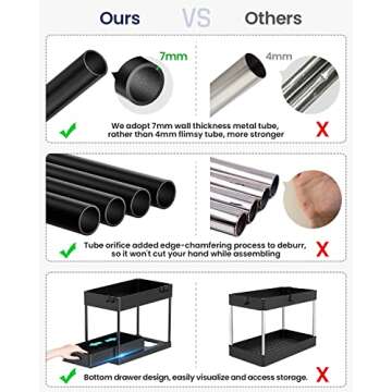 Cucn Under Sink Organizer, 2 Tier Under Sliding Cabinet Basket Organizer Drawer with Hooks, Under Sink Organizers and Storage Under Cabinet Storage for Bathroom Kitchen, Black