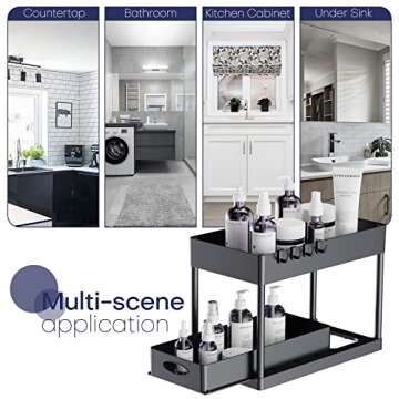 Cucn Under Sink Organizer, 2 Tier Under Sliding Cabinet Basket Organizer Drawer with Hooks, Under Sink Organizers and Storage Under Cabinet Storage for Bathroom Kitchen, Black