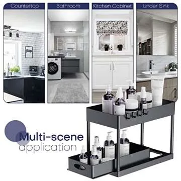 Cucn Under Sink Organizer, 2 Tier Under Sliding Cabinet Basket Organizer Drawer with Hooks, Under Sink Organizers and Storage Under Cabinet Storage for Bathroom Kitchen, Black