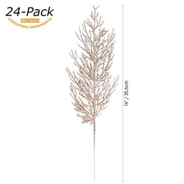 Sea Team 24-Pack Artificial Glitter Pine Tree Twig Ornaments, Decorative Sticks, Glittery Stems, Pic...