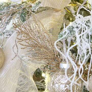 Sea Team 24-Pack Artificial Glitter Pine Tree Twig Ornaments, Decorative Sticks, Glittery Stems, Picks, Branches for Christmas Tree, Small Vase, Holiday, Wedding, Party (14 Inches, Champagne)