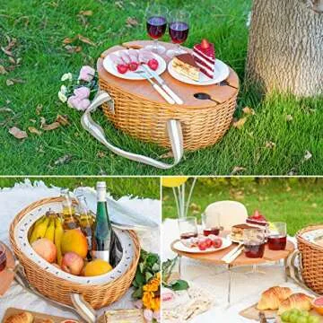 STBoo Picnic Basket for 4, Insulated Wicker Hamper with Folding Table, Willow Picnic Baskets Set wit...