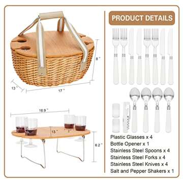 STBoo Picnic Basket for 4, Insulated Wicker Hamper with Folding Table, Willow Picnic Baskets Set with Large Insulated Cooler Bag for Camping Outdoor(Beige)