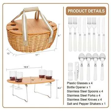 STBoo Picnic Basket for 4, Insulated Wicker Hamper with Folding Table, Willow Picnic Baskets Set with Large Insulated Cooler Bag for Camping Outdoor(Beige)