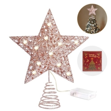 WHOLEV Christmas Tree Topper Star, Rose Gold Christmas Ornaments Treetop, 20 LED Light Up Tree Toppe...
