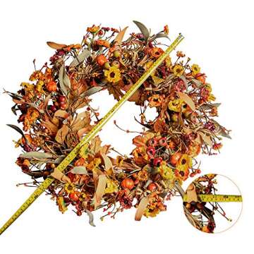 J'FLORU Artificial Fall Wreath 22 Inch Fall Wreaths for Front Door Autumn Wreath with Berries Pumpki...