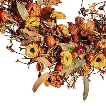 J'FLORU Artificial Fall Wreath 22 Inch Fall Wreaths for Front Door Autumn Wreath with Berries Pumpkins Maple Leaves for Wall Window Farmhouse Thanksgiving Harvest Festival Decor