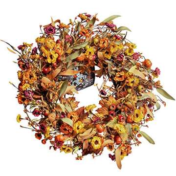 J'FLORU Artificial Fall Wreath 22 Inch Fall Wreaths for Front Door Autumn Wreath with Berries Pumpkins Maple Leaves for Wall Window Farmhouse Thanksgiving Harvest Festival Decor