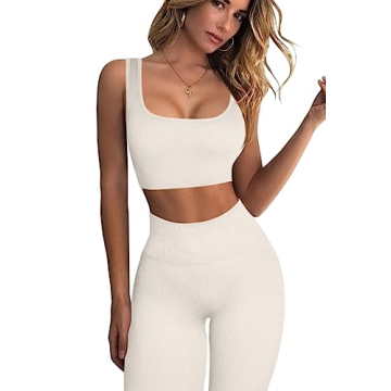 QINSEN Women's Yoga Leggings 2 Piece Set | Seamless High Waist Beige M