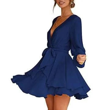 Womens Mini Dress Deep V-Neck Tie Waist Double Layer Short Dresses Navy Blue S