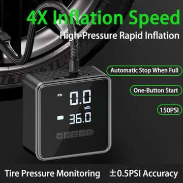 Tire Inflator Portable Air Compressor - 150 PSI Air Pump for Car Tires - 4X Faster Inflation, Smart Pump Tire Inflator for Cars, Motorcycles, Bicycles, Balls