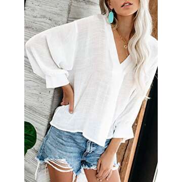Dokotoo Womens Fashion Ladies Autumn Summer Casual Solid V Neck Long Puff Sleeve Loose Fit Plain Blouses Tunic Fashion Tops and T Shirts for Womens White Medium