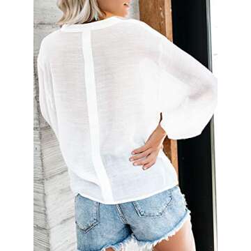 Dokotoo Womens Fashion Ladies Autumn Summer Casual Solid V Neck Long Puff Sleeve Loose Fit Plain Blouses Tunic Fashion Tops and T Shirts for Womens White Medium