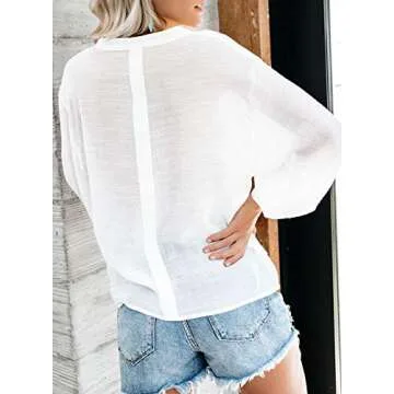 Dokotoo Womens Fashion Ladies Autumn Summer Casual Solid V Neck Long Puff Sleeve Loose Fit Plain Blouses Tunic Fashion Tops and T Shirts for Womens White Medium