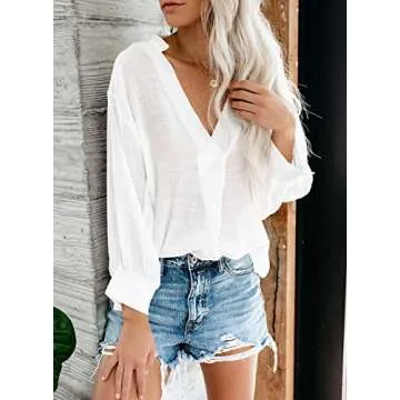 Dokotoo Womens Fashion Ladies Autumn Summer Casual Solid V Neck Long Puff Sleeve Loose Fit Plain Blouses Tunic Fashion Tops and T Shirts for Womens White Medium