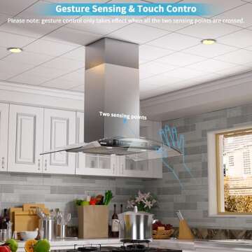 IKTCH 36-Inch Island Mount Range Hood, 900 CFM Ducted, Stainless Steel & Tempered Glass, Gesture Sensing & Touch Control, 4-Speed Fan