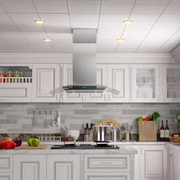 IKTCH 36-Inch Island Mount Range Hood, 900 CFM Ducted, Stainless Steel & Tempered Glass, Gesture Sensing & Touch Control, 4-Speed Fan