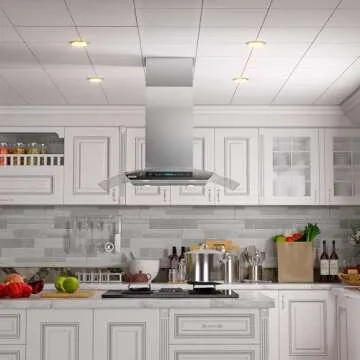 IKTCH 36-Inch Island Mount Range Hood, 900 CFM Ducted, Stainless Steel & Tempered Glass, Gesture Sensing & Touch Control, 4-Speed Fan