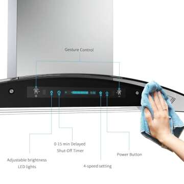 IKTCH 36-Inch Island Mount Range Hood, 900 CFM Ducted, Stainless Steel & Tempered Glass, Gesture Sensing & Touch Control, 4-Speed Fan