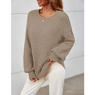 MEROKEETY Women's 2024 Fall Winter Oversized Pullover Sweater Trendy Crew Neck Long Sleeve Heathered Knit Jumper Tops Mocha Large