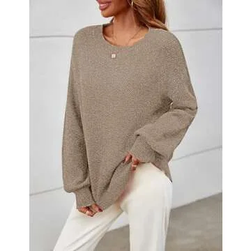 MEROKEETY Women's 2024 Fall Winter Oversized Pullover Sweater Trendy Crew Neck Long Sleeve Heathered Knit Jumper Tops Mocha Large