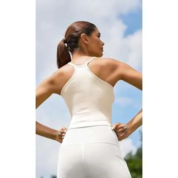 ODODOS Women's Crop Seamless Rib-Knit Camisole Strappy Racerback Crop Tank Tops, Longline Crop, Ivory, Medium/Large