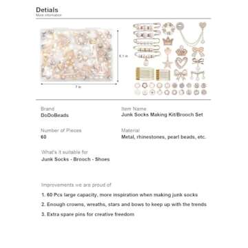 DoDoBeads 60 Pcs Junk Socks Charms Kit, Gold Charms for Socks, Brooches and Pins for Women, Charms for Socks Safety Pin, Junk Charms for Socks, Pearl Sock Charms, Rhinestone Junk Socks Charms