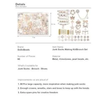 DoDoBeads 60 Pcs Junk Socks Charms Kit, Gold Charms for Socks, Brooches and Pins for Women, Charms for Socks Safety Pin, Junk Charms for Socks, Pearl Sock Charms, Rhinestone Junk Socks Charms