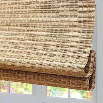 LANTIME Wood Cordless Roman Shades, Lined Blackout Bamboo Window Shades Blinds, Rubkhari