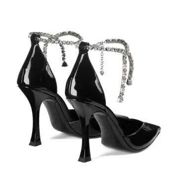 Kapxumo Women's Stiletto Heels Slingback Pumps - Pointed Closed Toe Ankle Rhinestone Strappy Buckle Fashion High Heeled Sandals Black