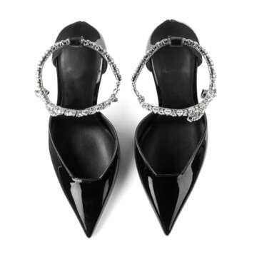 Kapxumo Women's Stiletto Heels Slingback Pumps - Pointed Closed Toe Ankle Rhinestone Strappy Buckle Fashion High Heeled Sandals Black