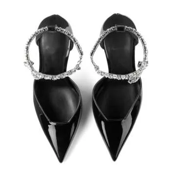 Kapxumo Women's Stiletto Heels Slingback Pumps - Pointed Closed Toe Ankle Rhinestone Strappy Buckle Fashion High Heeled Sandals Black