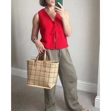 Womens Tie Front Sweater Vest Knit V Neck Lace Up Sleeveless Cardigan Casual Knitted Vest Red