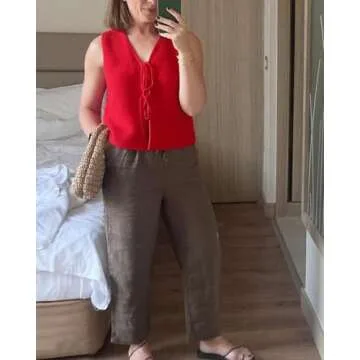 Womens Tie Front Sweater Vest Knit V Neck Lace Up Sleeveless Cardigan Casual Knitted Vest Red