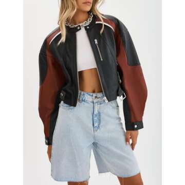 Tankaneo Womens Faux Leather Bomber Jackets Cropped Zip Up Color Block Fall Casual Moto Biker Coats
