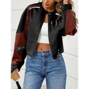 Tankaneo Womens Faux Leather Bomber Jackets Cropped Zip Up Color Block Fall Casual Moto Biker Coats