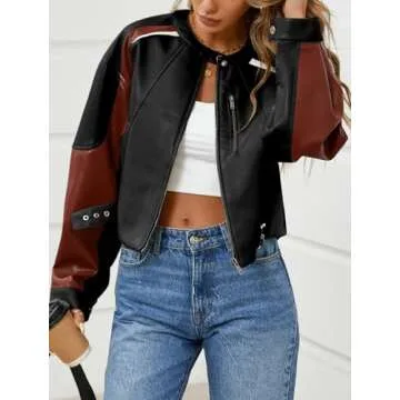 Tankaneo Womens Faux Leather Bomber Jackets Cropped Zip Up Color Block Fall Casual Moto Biker Coats