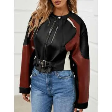 Tankaneo Womens Faux Leather Bomber Jackets Cropped Zip Up Color Block Fall Casual Moto Biker Coats