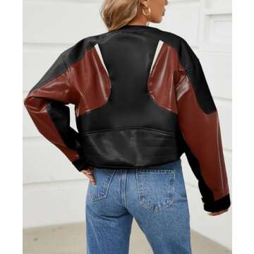 Tankaneo Womens Faux Leather Bomber Jackets Cropped Zip Up Color Block Fall Casual Moto Biker Coats