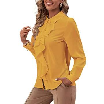 LYANER Women's Collar Neck Button Down Ruffle Front Long Sleeve Blouse Shirt Top Ginge Medium