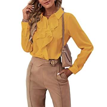 LYANER Women's Collar Neck Button Down Ruffle Front Long Sleeve Blouse Shirt Top Ginge Medium