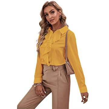 LYANER Women's Collar Neck Button Down Ruffle Front Long Sleeve Blouse Shirt Top Ginge Medium