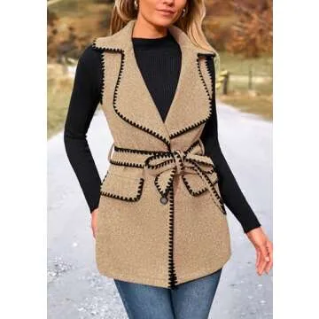 PRETTYGARDEN Women's 2025 Tweed Vest Jackets Sleeveless Lapel Button Front Belt Color Block Winter Cardigan Outerwear (Khaki,Small)