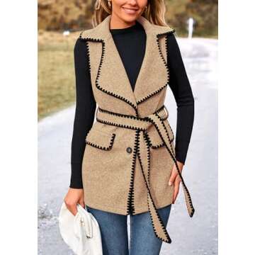 PRETTYGARDEN Women's 2025 Tweed Vest Jackets Sleeveless Lapel Button Front Belt Color Block Winter Cardigan Outerwear (Khaki,Small)