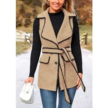 PRETTYGARDEN Women's 2025 Tweed Vest Jackets Sleeveless Lapel Button Front Belt Color Block Winter Cardigan Outerwear (Khaki,Small)