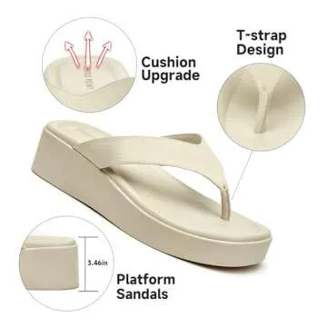 CentroPoint Women's T-strap Thong Platform Flip Flops Fashion Lightweight Wedge Sandals Slip On Memory Foam Slides(Beige PU, Numeric_7)