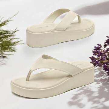 CentroPoint Women's T-strap Thong Platform Flip Flops Fashion Lightweight Wedge Sandals Slip On Memory Foam Slides(Beige PU, Numeric_7)