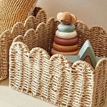 Scalloped Basket, Wicker Baskets for Storage, Hand Woven shelf Baskets, Seagrass Baskets for Bathroom, Bedroom Organizing (Rattan, M-14.2 * 10.6 * 6IN)